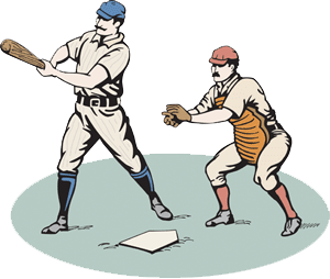 line drawing of two old-timey baseball players, the batter in mid-swing