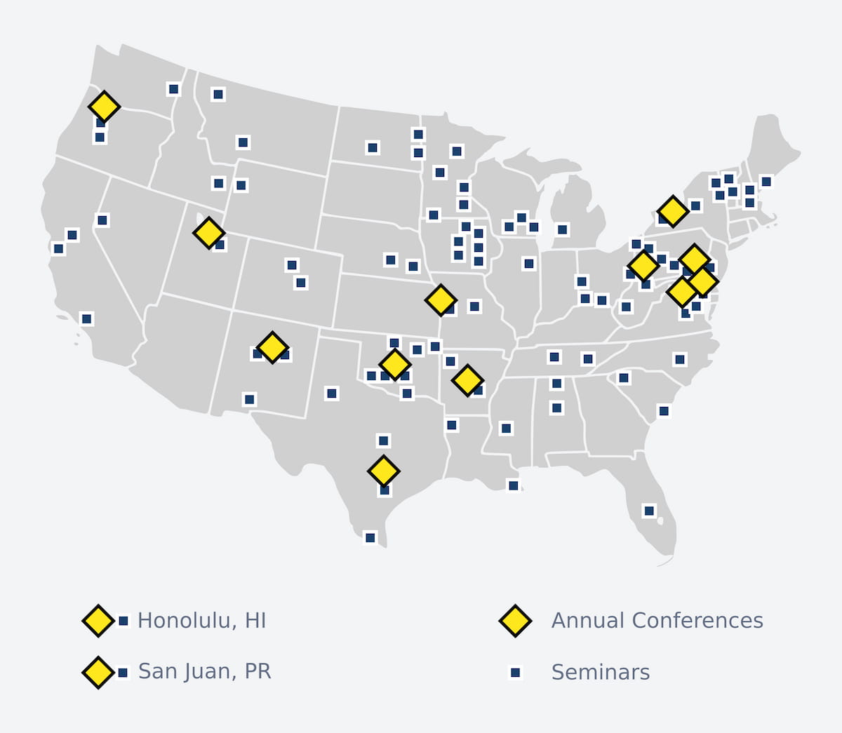 map of NASVF Conferences, with markers on Kansas City, MO, Santa Fe, NM, San Juan, PR, Honolulu, HI, Austin, TX, Pittsburgh, PA, Baltimore, MD, Salt Lake City, UT, Philadelphia, PA, Rochester, NY, Washington, DC, Little Rock, AR, and Oklahoma City, OK.